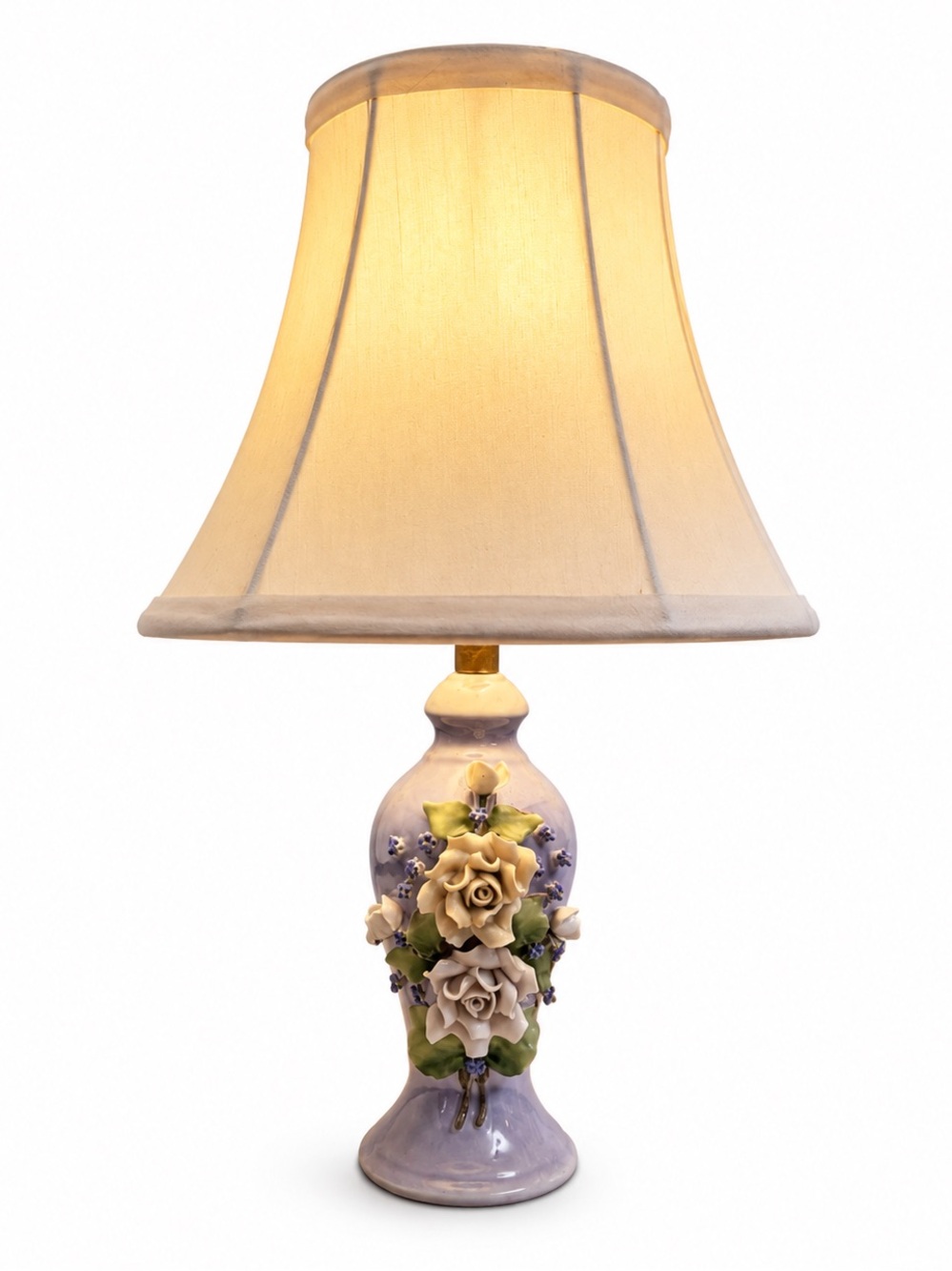 Vintage German Porcelain Floral Table Lamp Hand-Applied Roses Ivory Shade 💕